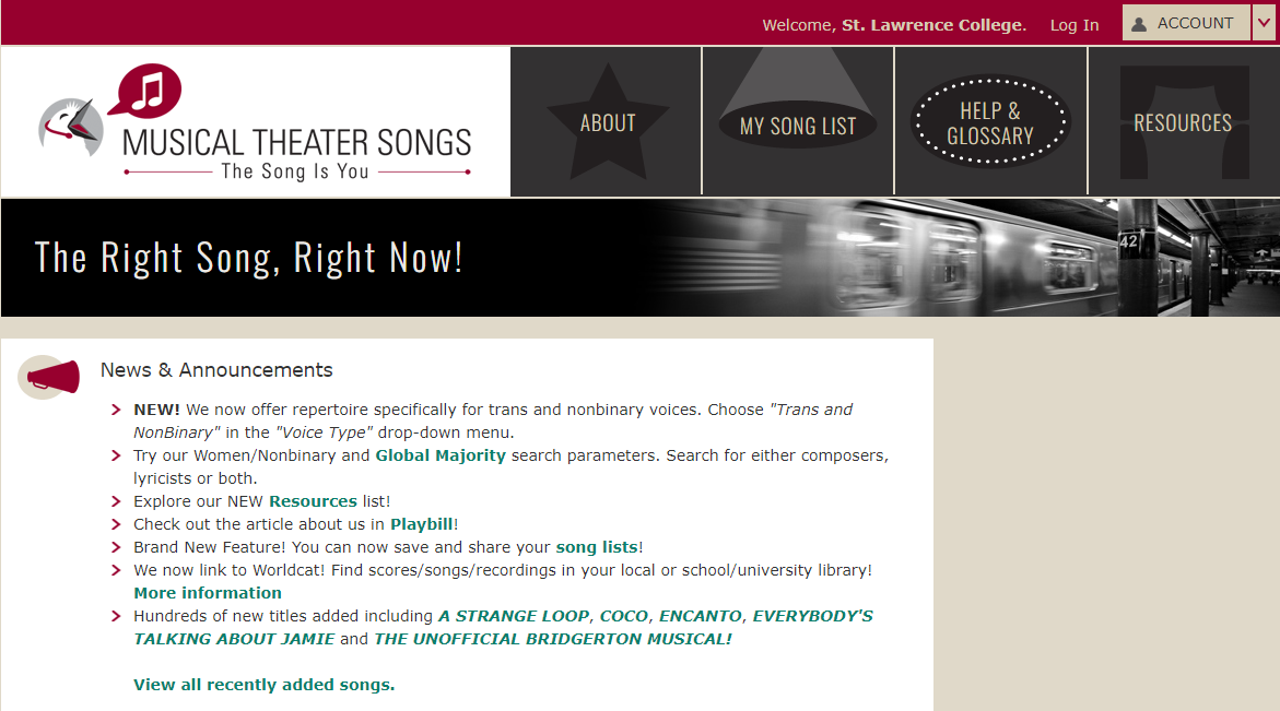 screenshot of Musical Theater Songs main page