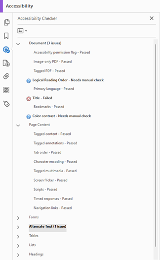 Screenshot of accessibility checker menu in Adobe Acrobat Pro