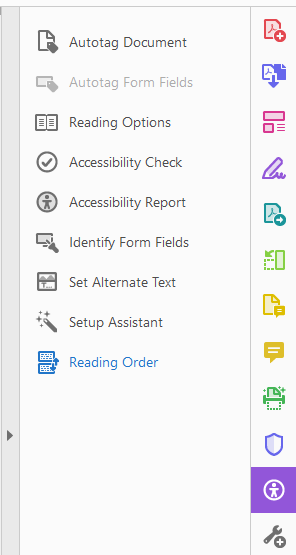Screenshot of Reading Order tool in Adobe Acrobat Pro