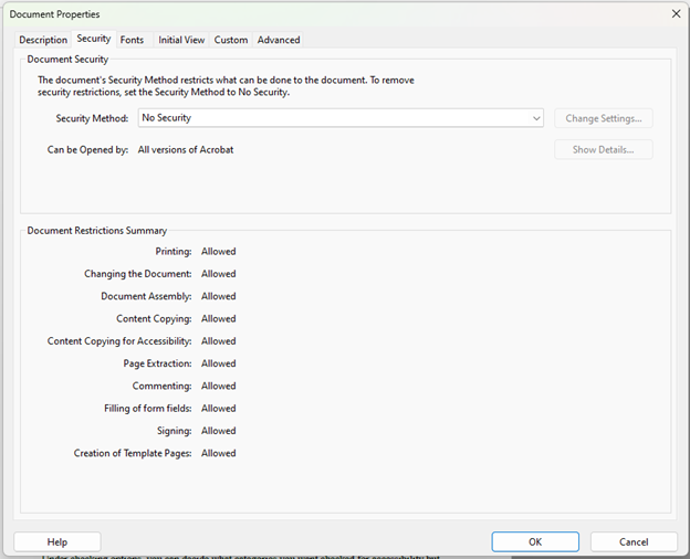 Screenshot of Document Restrictions Summary in Adobe Acrobat Pro