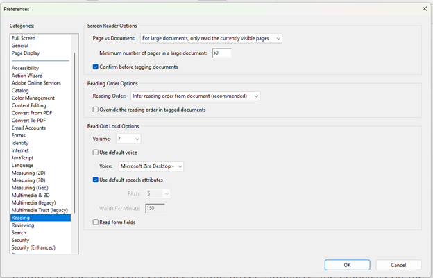 Screenshot of Read Out Loud Preferences Menu in Adobe Acrobat Pro