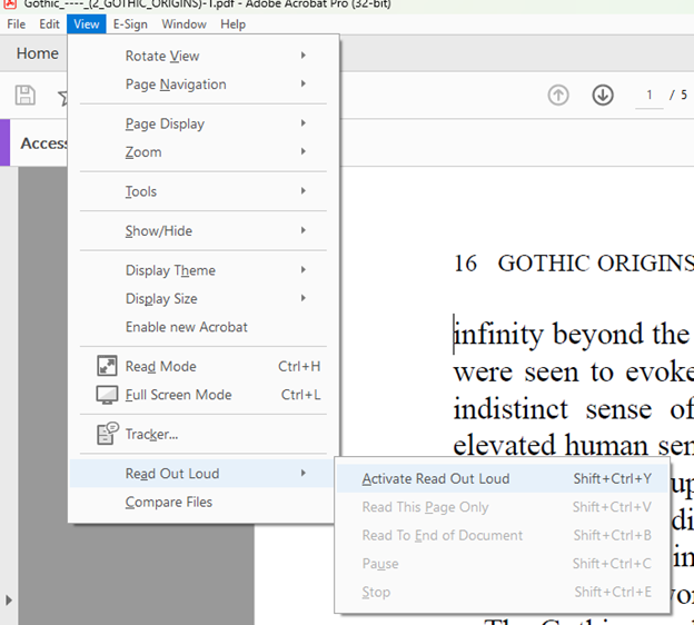 Screenshot of how to access Read Out Loud in Adobe Acrobat Pro