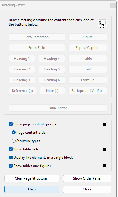 Screenshot of Reading Order dialog box in Adobe Acrobat Pro