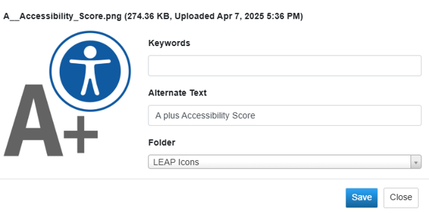 Screenshot of how to add alt text to icons in LibApps Image Manager Library. There is a field for keywords, alt text and folder.