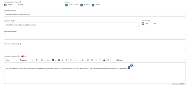 Screenshot of the LibApps database editor with an arrow pointing towards the Database Description field.