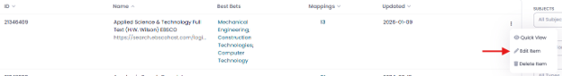 Screenshot of database entry in the LibApps A-Z List Management with a red arrow pointing towards the Edit Item button.
