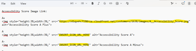 Screenshot of a code editor displaying HTML code for embedding accessibility score icons with alt text labels and placeholder text for icon URLs.
