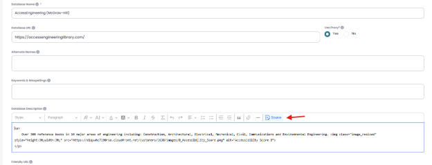 Screenshot of a database editor with a red arrow pointing towards the Source icon in the Database Description.