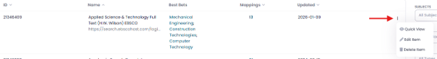 Screenshot of a database entry in the LibApps A-Z List Management with a red arrow pointing towards the three dots menu.