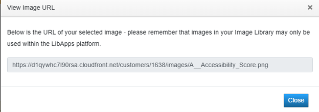 Screenshot of View Image URL box with the URL for a selected image in the LibApps Image Library.