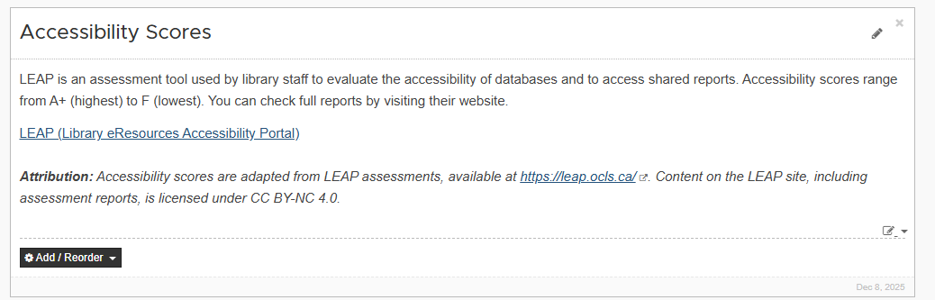 Screenshot of a content box with the title Accessibility Scores and a description of what LEAP is.