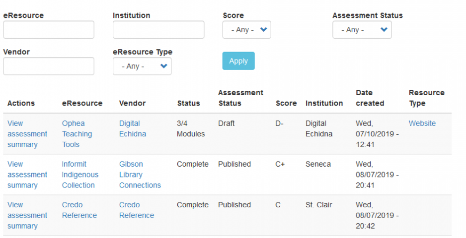 View of the "Assessment" menu shows a filterable table of completed assessments