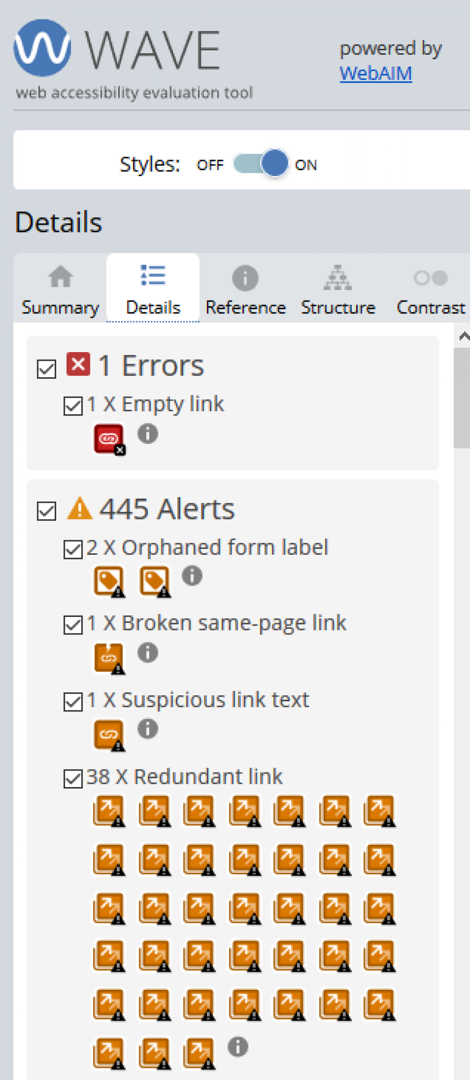 WAVE Web Accessibility Evaluation Tool Details List