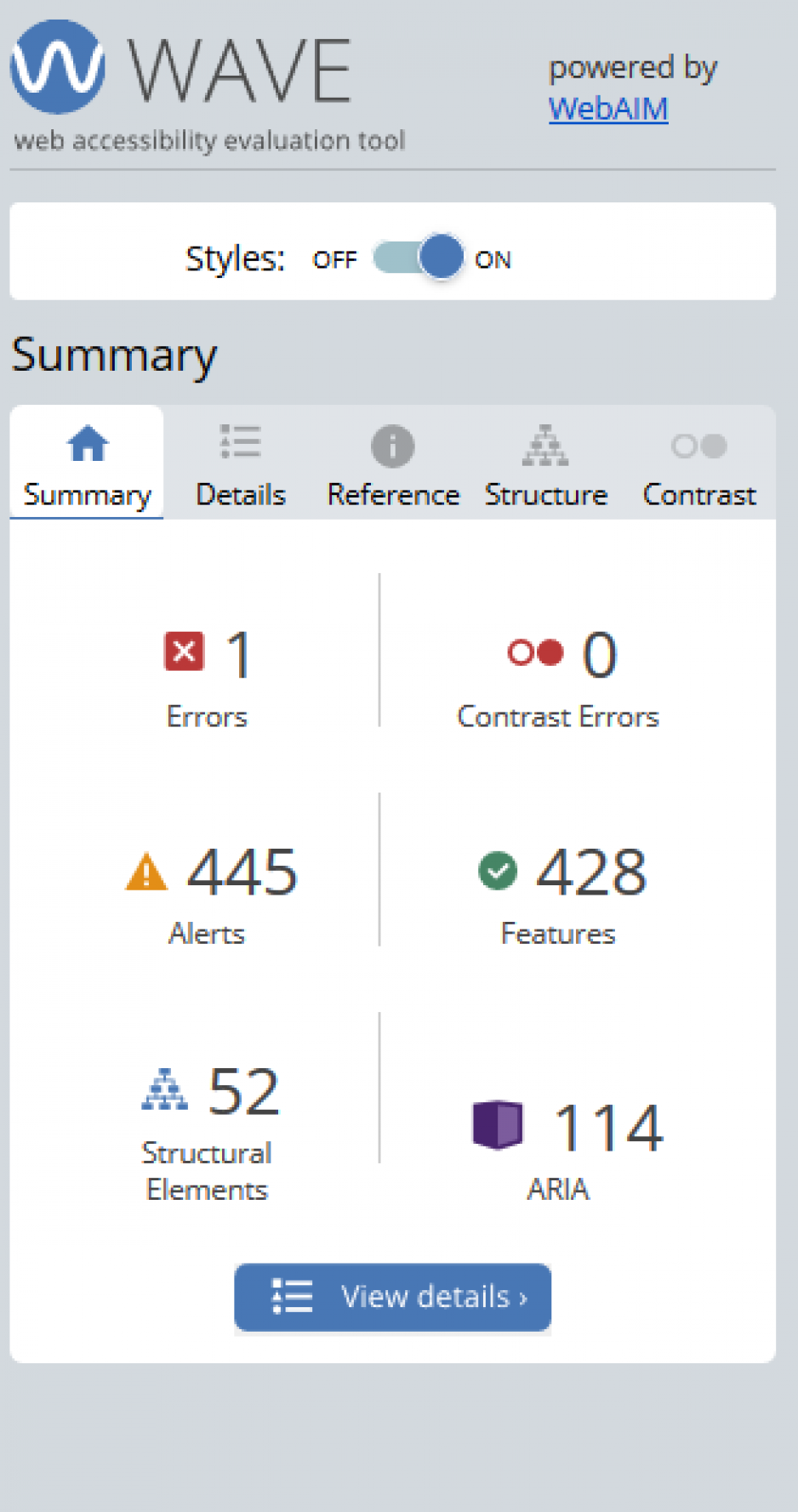 WAVE Web Accessibility Evaluation Tool Summary Screen